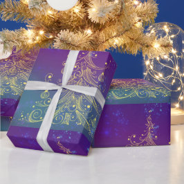 ゴールドのクリスマスツリー柄の包装紙 ラッピングペーパー