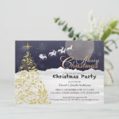 ゴールドのクリスマスツリー&サンタのスレッドを引くトナカイのパーティー 招待状 (スタンド正面)