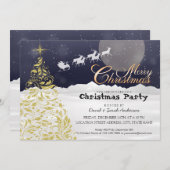 ゴールドのクリスマスツリー&サンタのスレッドを引くトナカイのパーティー 招待状 (正面/裏面)