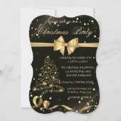 ゴールドのクリスマスツリー、リボン、ブラッククリスマスパーティー 招待状 (正面)