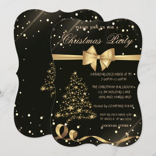 ゴールドのクリスマスツリー、弓、ブラッククリスマスパーティー 招待状 (正面/裏面)
