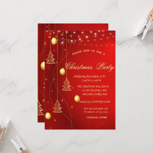 ゴールドのクリスマスツリー、赤いクリスマス会社のボール 招待状 (正面/裏面インサイチュ)