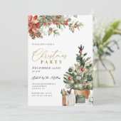 ゴールドのクリスマスパーティーのための田舎風クリスマスツリー 招待状 (スタンド正面)