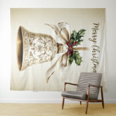 ゴールドのクリスマスベル シャイニースターズ グリーンの葉 タペストリー (インサイチュ(横))