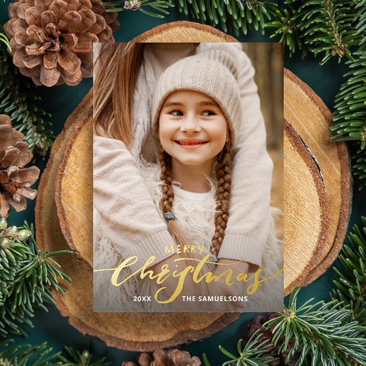 ゴールドのクリスマス カリグラフィー 写真 2枚 箔招待状