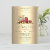 ゴールドのクリスマス　プレゼント、ボール、ストリングライト 招待状 (スタンド正面)