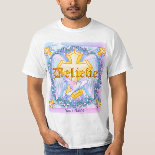 ゴールドのクロスが輝くビリーブ・クロス・Tシャツ Tシャツ (正面)