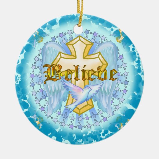 ゴールドのクロスチャーム Believe セラミックオーナメント (正面)