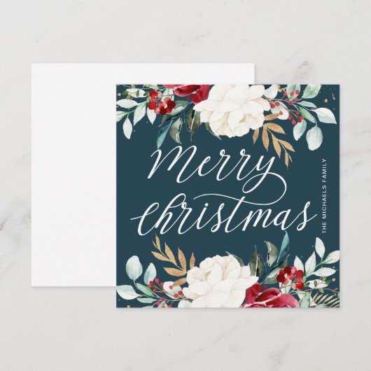 ゴールドのグリーンと赤い花の深い青のクリスマス シーズンカード (正面/裏面)