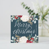 ゴールドのグリーンと赤い花の深い青のクリスマス シーズンカード (スタンド正面)