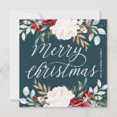 ゴールドのグリーンと赤い花の深い青のクリスマス シーズンカード (正面)