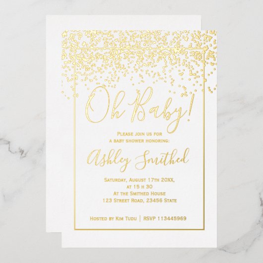 ゴールドのコンフェッティと白のタイポグラフィーのベイビーシャワー 箔招待状 (正面/裏面)