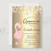 ゴールドのコンフェッティドット、ピンクのフラミンゴのクラウン キンセアニエラ 招待状 (正面)