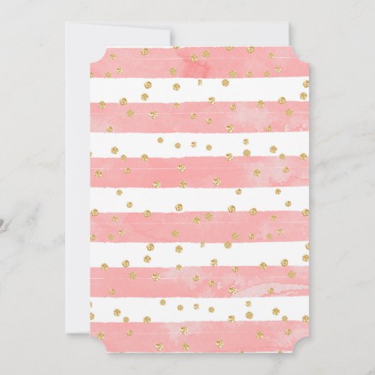ゴールドのコンフェッティ付きピンクのブッシュストライプのウェディング セーブザデート (裏面)