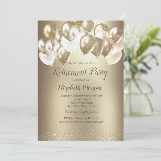 ゴールドのコンフェッティ風船 ゴールドのメタリックな退職  招待状 (スタンド正面)