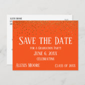ゴールドのコンフェッティ オレンジ 卒業おめでとう Save the Date ポストカード (正面/裏面)