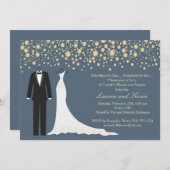 ゴールドのコンフェッティ、タキシードとドレスの結婚前お祝い 招待状 (正面/裏面)