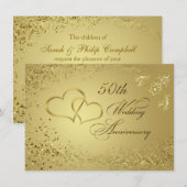 ゴールドのコンフェッティ ハート 50 結婚記念日 招待状 (正面/裏面)