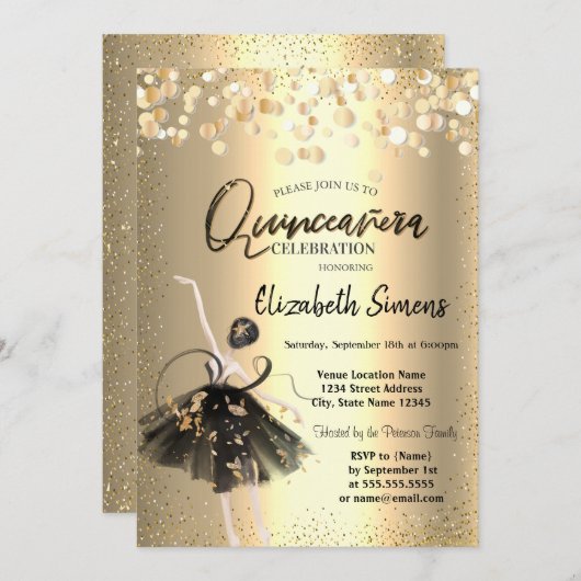 ゴールドのコンフェッティ、ブラックドレスのバレリーナのキンセアニエラ 招待状 (正面/裏面)