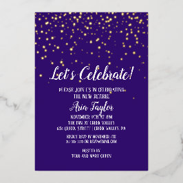 ゴールドのコンフェティとパープルのパーティー Let's Celebrate ゴールド 箔招待状