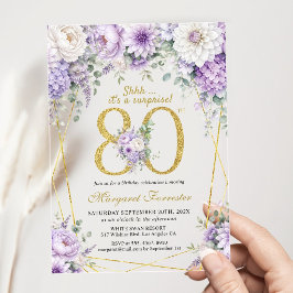 ゴールドのサプライズ80歳の誕生日ダスティパープルフラワー アクリル招待状
