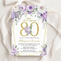 ゴールドのサプライズ80歳の誕生日ダスティパープルフラワー