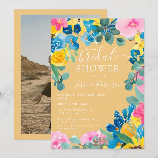 ゴールドのサマーフラワーフォト ブライダルシャワー 招待状 (正面/裏面)