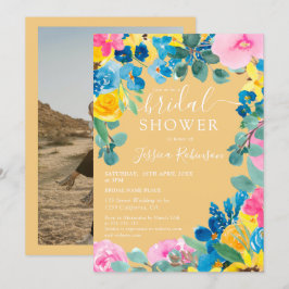 ゴールドのサマーフラワーフォト ブライダルシャワー 招待状