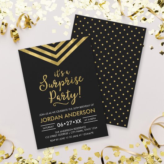 ゴールドのシェブロンのお誕生日サプライズパーティー 招待状
