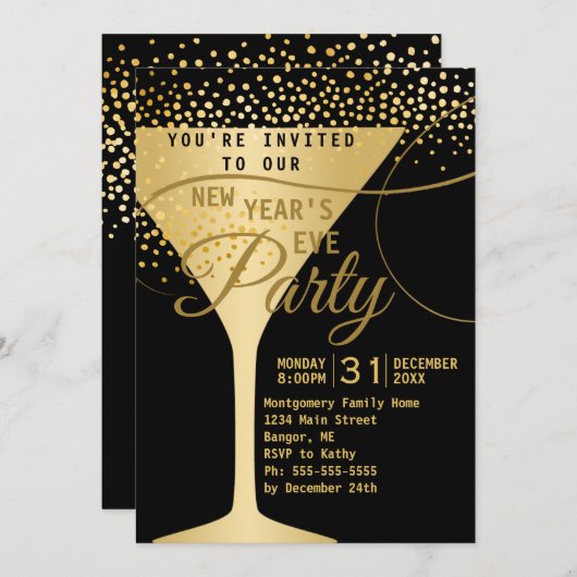 ゴールドのシャンパンが輝く ブラックのニューイヤーズイブパーティー 招待状 (正面/裏面)
