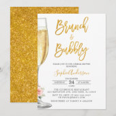 ゴールドのシャンパングラスを使ったブランチ & バブルリーのブライダルシャワー 招待状 (正面/裏面)