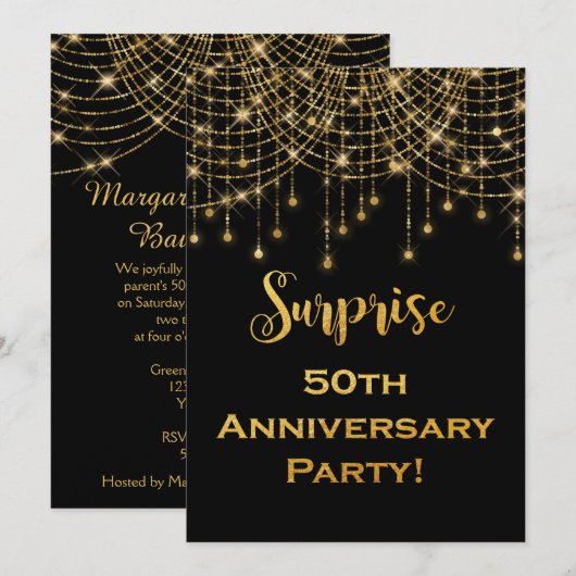 ゴールドのストリングライトとゴールドテキスト 50周年 招待状 (正面/裏面)