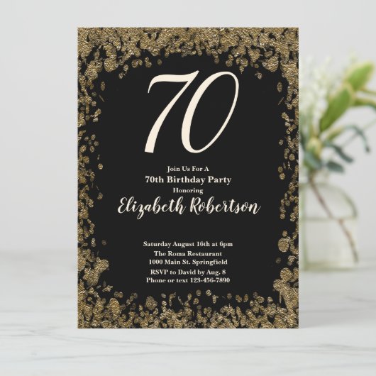 ゴールドのスパンコールが付いたエレガントな70歳の誕生日招待状 招待状 (スタンド正面)
