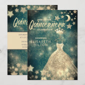 ゴールドのスパンコールドレス 月 星 クイーンズエイジャera 緑 招待状 (正面/裏面)