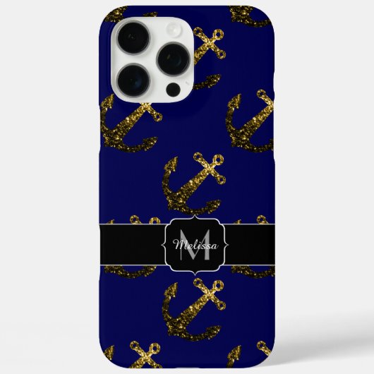 ゴールドのスパークル模様のいちご柄ネイビーのモノグラム Case-Mate iPhoneケース (裏面)