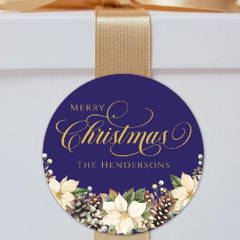 ゴールドのタイポグラフィー クリスマスポインセチア ブルー ラウンドシール