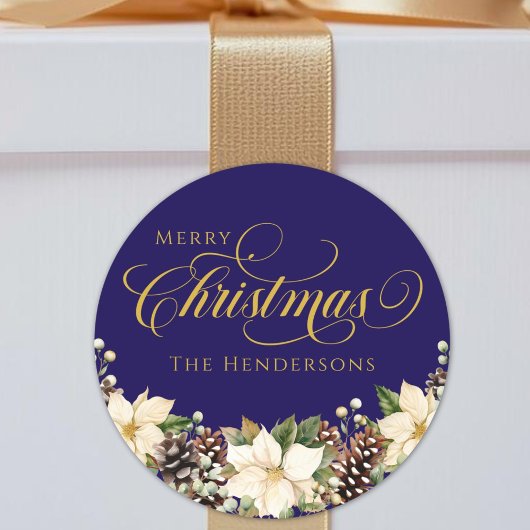 ゴールドのタイポグラフィー クリスマスポインセチア ブルー ラウンドシール