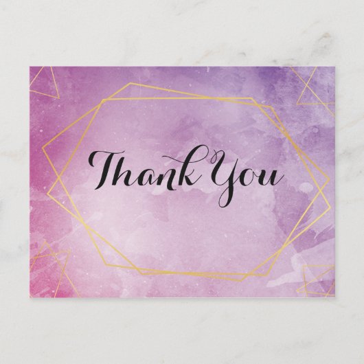 ゴールドのタイポグラフィー ピンクの水彩画 ありがとう ポストカード (正面)