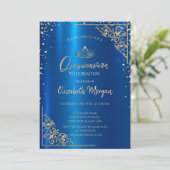ゴールドのティアラ、ダイヤモンドのメタリックブルーのキンセアニエラ 招待状 (スタンド正面)