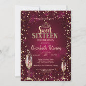 ゴールドのティアラ、ダイヤモンド シャンパングラス Sweet 16 招待状 (正面)