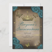 ゴールドのティアラ バタフライ ティール色のバラのキンセアニエラ 招待状 (正面)