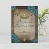 ゴールドのティアラ バタフライ ティール色のバラのキンセアニエラ 招待状 (スタンド正面)