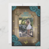 ゴールドのティアラ バタフライ ティール色のバラのキンセアニエラ 招待状 (裏面)