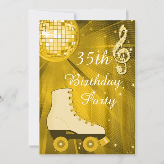 ゴールドのディスコボールとローラースケートの35歳の誕生日 招待状 (正面)