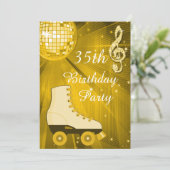 ゴールドのディスコボールとローラースケートの35歳の誕生日 招待状 (スタンド正面)