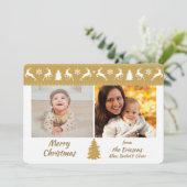 ゴールドのトナカイのフレームが美しい2つの写真テンプレート クリスマス 招待状 (スタンド正面)