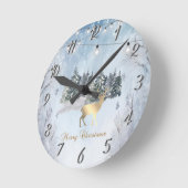 ゴールドのトナカイ,森,ストリングライトの風景 ラウンド壁時計 (傾斜)