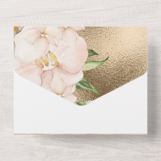 ゴールドのトロピカルオーキッドとプルメリアの花 オールインワン招待状 (裏面)