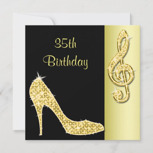 ゴールドのハイヒールとト音記号の35歳の誕生日 招待状 (正面)