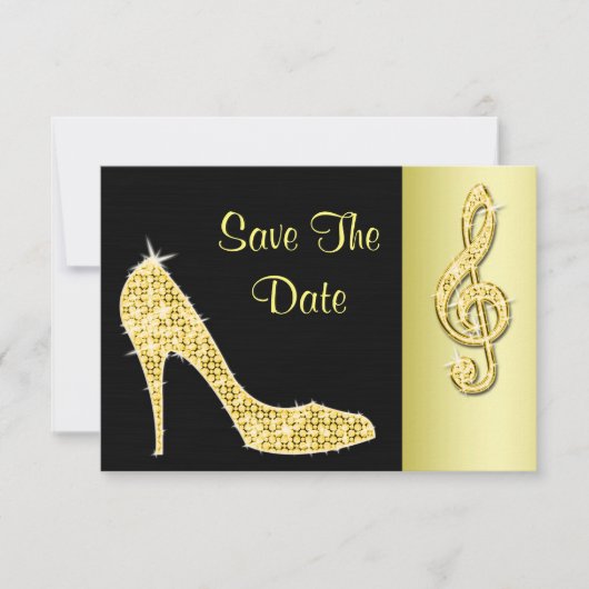 ゴールドのハイヒールとト音記号の40歳記念Save The Date セーブザデート (正面)